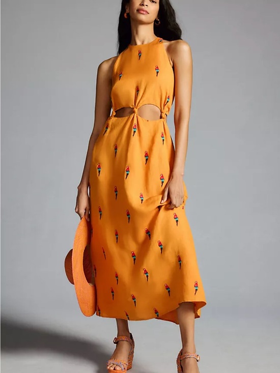 FARM Rio Dresses & Skirts - FARM Rio Embroidered Orange Parrot-Print Cutout Maxi Dress